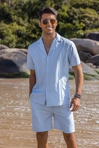 COOFANDY Mens 2 Piece Short Set Guayabera Button Down Shirt Casual Summer Beach Outfits - COOFANDY (1)