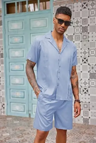 COOFANDY Mens 2 Piece Short Set Guayabera Button Down Shirt Casual Summer Beach Outfits - 4