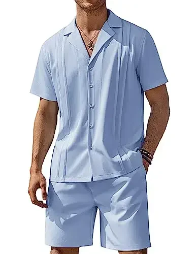 COOFANDY Mens 2 Piece Short Set Guayabera Button Down Shirt Casual Summer Beach Outfits - 1