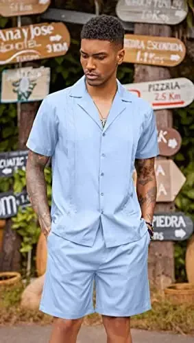 COOFANDY Mens 2 Piece Short Set Guayabera Button Down Shirt Casual Summer Beach Outfits - 3