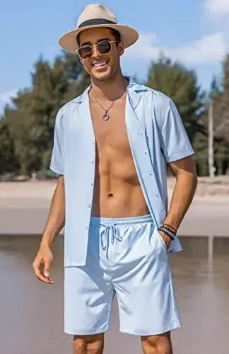 COOFANDY Mens 2 Piece Short Set Guayabera Button Down Shirt Casual Summer Beach Outfits - 2