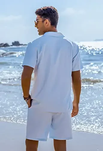 COOFANDY Mens 2 Piece Short Set Guayabera Button Down Shirt Casual Summer Beach Outfits - 4