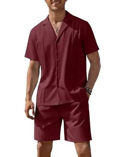 COOFANDY Mens 2 Piece Short Set Guayabera Button Down Shirt Casual Summer Beach Outfits - COOFANDY