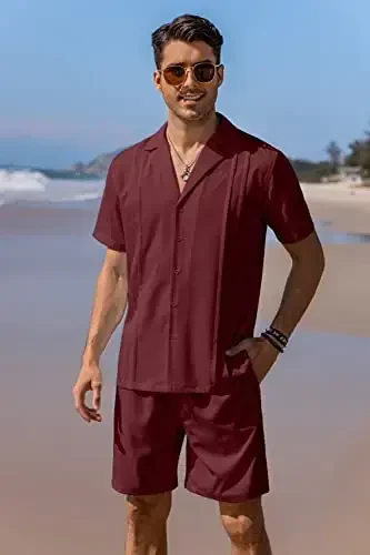 COOFANDY Mens 2 Piece Short Set Guayabera Button Down Shirt Casual Summer Beach Outfits - 3