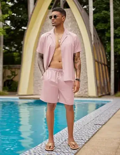 COOFANDY Mens 2 Piece Short Set Guayabera Button Down Shirt Casual Summer Beach Outfits - 4