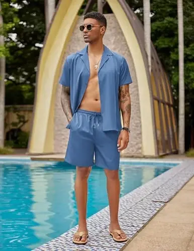 COOFANDY Mens 2 Piece Short Set Guayabera Button Down Shirt Casual Summer Beach Outfits - 4