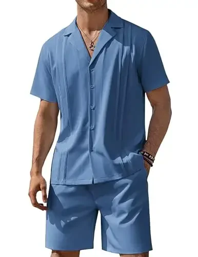 COOFANDY Mens 2 Piece Short Set Guayabera Button Down Shirt Casual Summer Beach Outfits - 1