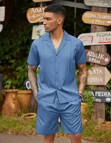 COOFANDY Mens 2 Piece Short Set Guayabera Button Down Shirt Casual Summer Beach Outfits - MODAZONE (1)