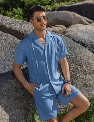 COOFANDY Mens 2 Piece Short Set Guayabera Button Down Shirt Casual Summer Beach Outfits - 3