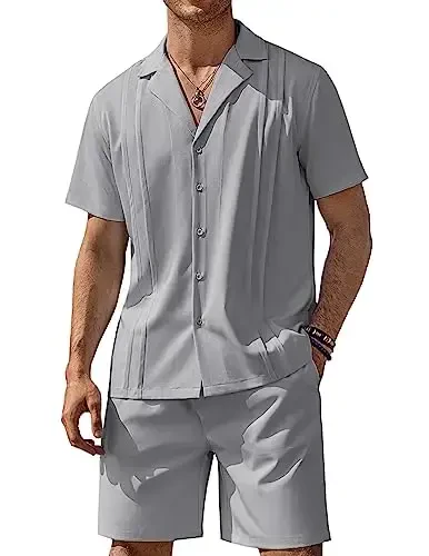 COOFANDY Mens 2 Piece Short Set Guayabera Button Down Shirt Casual Summer Beach Outfits - COOFANDY