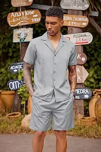 COOFANDY Mens 2 Piece Short Set Guayabera Button Down Shirt Casual Summer Beach Outfits - 2