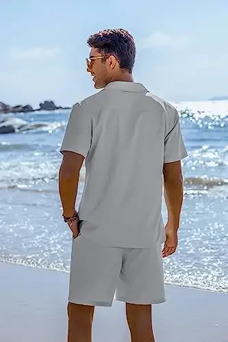 COOFANDY Mens 2 Piece Short Set Guayabera Button Down Shirt Casual Summer Beach Outfits - 4