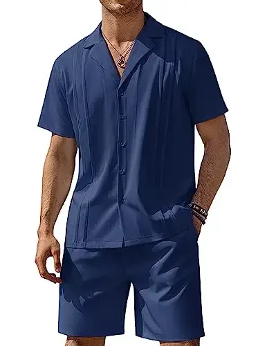 COOFANDY Mens 2 Piece Short Set Guayabera Button Down Shirt Casual Summer Beach Outfits - 1