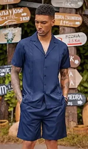COOFANDY Mens 2 Piece Short Set Guayabera Button Down Shirt Casual Summer Beach Outfits - 3