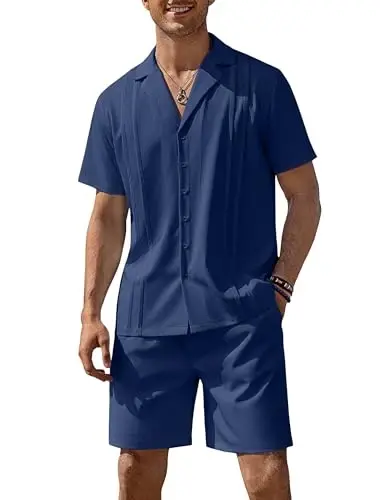 COOFANDY Mens 2 Piece Short Set Guayabera Button Down Shirt Casual Summer Beach Outfits 