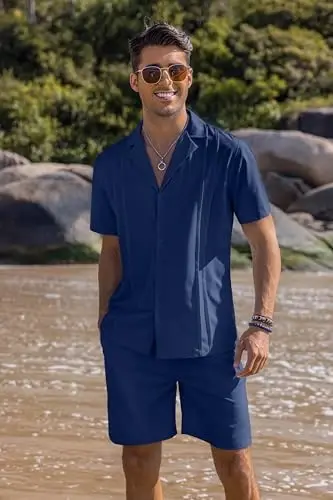 COOFANDY Mens 2 Piece Short Set Guayabera Button Down Shirt Casual Summer Beach Outfits - 2