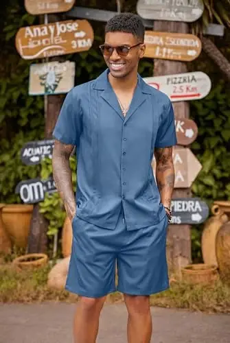 COOFANDY Mens 2 Piece Short Set Guayabera Button Down Shirt Casual Summer Beach Outfits - 4