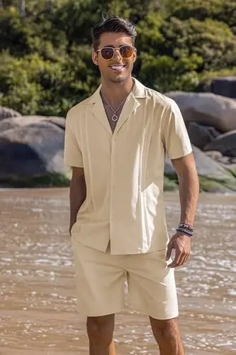 COOFANDY Mens 2 Piece Short Set Guayabera Button Down Shirt Casual Summer Beach Outfits - 2