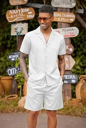 COOFANDY Mens 2 Piece Short Set Guayabera Button Down Shirt Casual Outfits | Shirt and Shorts Sets,Cuban Collar,Lightweight,Breathable and Solf,Casual Shirt,Summer Beach Vacation 