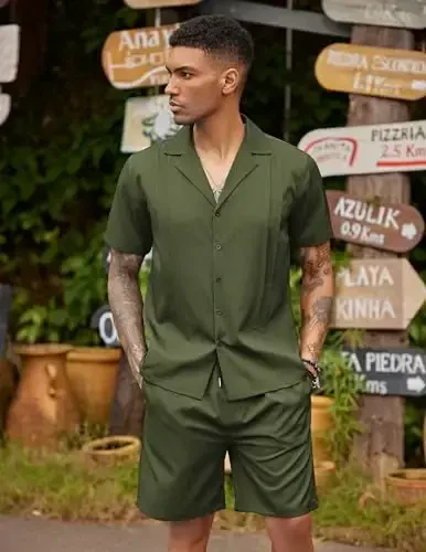 COOFANDY Mens 2 Piece Short Set Guayabera Button Down Shirt Casual Summer Beach Outfits - 2