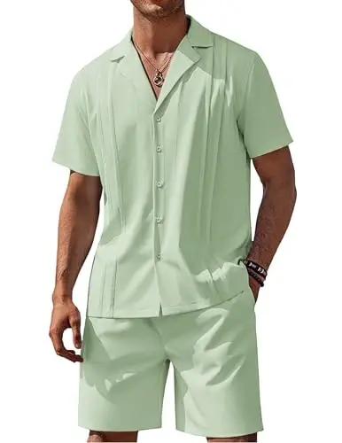 COOFANDY Mens 2 Piece Short Set Guayabera Button Down Shirt Casual Summer Beach Outfits - MODAZONE