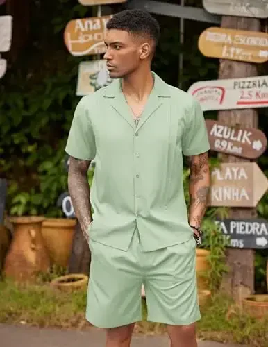 COOFANDY Mens 2 Piece Short Set Guayabera Button Down Shirt Casual Summer Beach Outfits - 2