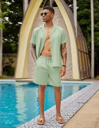 COOFANDY Mens 2 Piece Short Set Guayabera Button Down Shirt Casual Summer Beach Outfits - 4