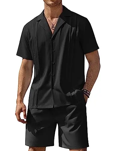 COOFANDY Mens 2 Piece Short Set Guayabera Button Down Shirt Casual Summer Beach Outfits - 1