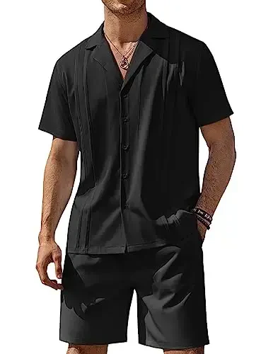 COOFANDY Mens 2 Piece Short Set Guayabera Button Down Shirt Casual Summer Beach Outfits - MODAZONE