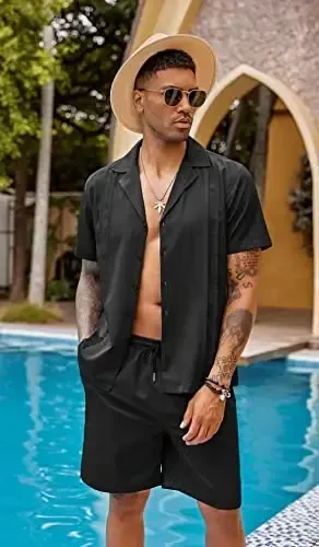 COOFANDY Mens 2 Piece Short Set Guayabera Button Down Shirt Casual Summer Beach Outfits - MODAZONE (1)