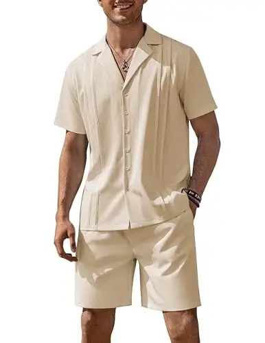 COOFANDY Mens 2 Piece Short Set Guayabera Button Down Shirt Casual Outfits | Shirt and Shorts Sets,Cuban Collar,Lightweight,Breathable and Solf,Casual Shirt,Summer Beach Vacation 