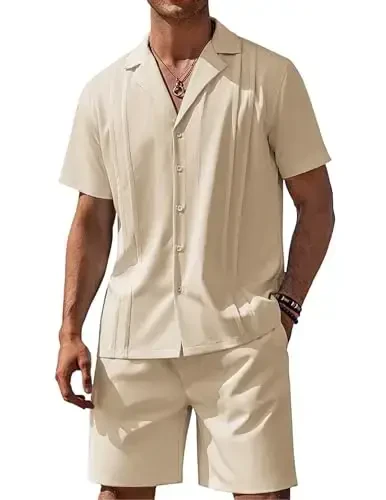COOFANDY Mens 2 Piece Short Set Guayabera Button Down Shirt Casual Summer Beach Outfits - 1