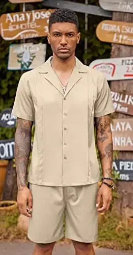 COOFANDY Mens 2 Piece Short Set Guayabera Button Down Shirt Casual Summer Beach Outfits - 3