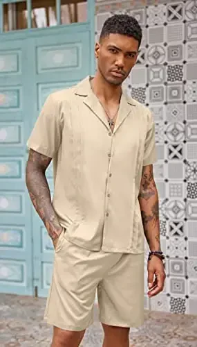 COOFANDY Mens 2 Piece Short Set Guayabera Button Down Shirt Casual Summer Beach Outfits - 4