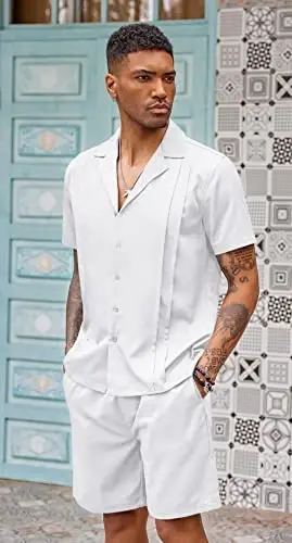 COOFANDY Mens 2 Piece Short Set Guayabera Button Down Shirt Casual Summer Beach Outfits - 3