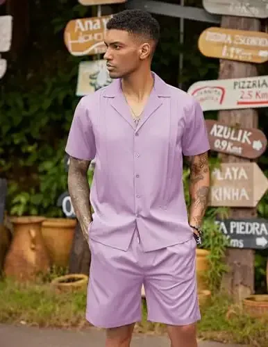 COOFANDY Mens 2 Piece Short Set Guayabera Button Down Shirt Casual Summer Beach Outfits - MODAZONE (1)
