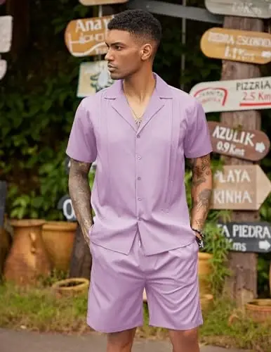 COOFANDY Mens 2 Piece Short Set Guayabera Button Down Shirt Casual Summer Beach Outfits - 2