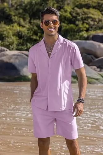 COOFANDY Mens 2 Piece Short Set Guayabera Button Down Shirt Casual Summer Beach Outfits - 2