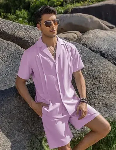 COOFANDY Mens 2 Piece Short Set Guayabera Button Down Shirt Casual Summer Beach Outfits - 3