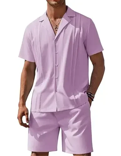 COOFANDY Mens 2 Piece Short Set Guayabera Button Down Shirt Casual Summer Beach Outfits 
