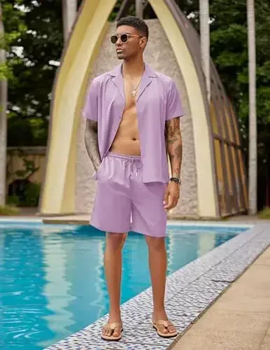COOFANDY Mens 2 Piece Short Set Guayabera Button Down Shirt Casual Summer Beach Outfits - 4