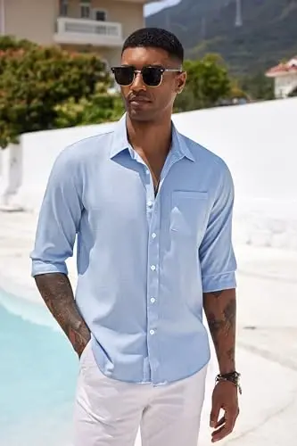 COOFANDY Mens Button Down Shirts Short Sleeve Casual Summer Beach Shirts for Men Vacation Wedding Linen Shirt - 2