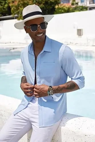 COOFANDY Mens Button Down Shirts Short Sleeve Casual Summer Beach Shirts for Men Vacation Wedding Linen Shirt - 4