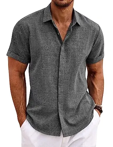 COOFANDY Mens Button Down Shirts Short Sleeve Casual Summer Beach Shirts for Men Vacation Wedding Linen Shirt - 2