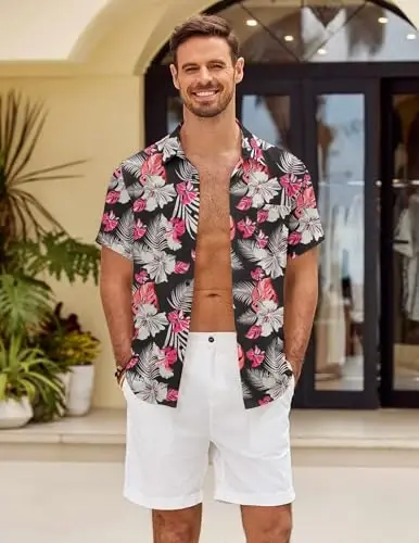 COOFANDY Mens Button Down Short Sleeve Shirt Casual Shirts Summer Beach Textured Shirts with Pocket - 3