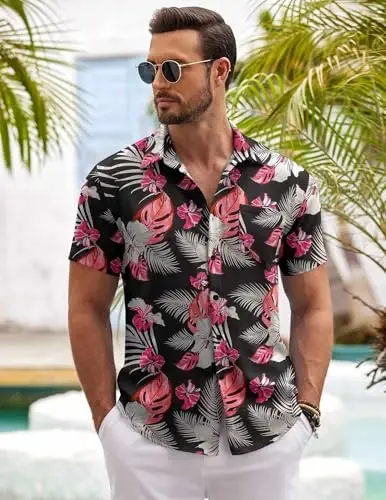 COOFANDY Mens Button Down Short Sleeve Shirt Casual Shirts Summer Beach Textured Shirts with Pocket - 4