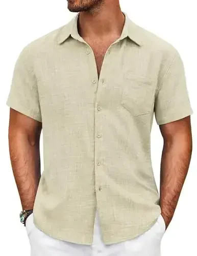 COOFANDY Mens Button Down Short Sleeve Shirt Casual Shirts Summer Beach Textured Shirts with Pocket - COOFANDY