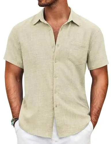 COOFANDY Mens Button Down Short Sleeve Shirt Casual Shirts Summer Beach Textured Shirts with Pocket - 1