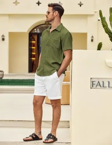COOFANDY Mens Button Down Short Sleeve Shirt Casual Shirts Summer Beach Textured Shirts with Pocket - 3