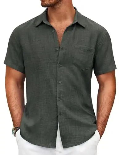 COOFANDY Mens Button Down Short Sleeve Shirt Casual Shirts Summer Beach Textured Shirts with Pocket - 1